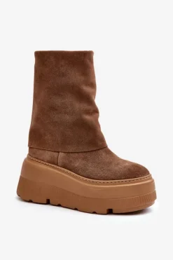 Zazoo 3410 Zamszowe Damskie Botki Na Masywnej Platformie Camel