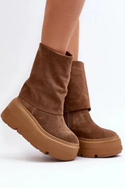 Zazoo 3410 Zamszowe Damskie Botki Na Masywnej Platformie Camel