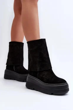 Zazoo 3410 Zamszowe Damskie Botki Na Masywnej Platformie Czarne