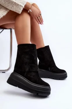 Zazoo 3410 Zamszowe Damskie Botki Na Masywnej Platformie Czarne