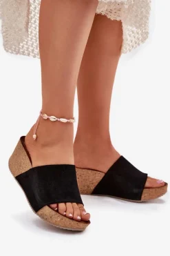 Zazoo 40311 Zamszowe Klapki Damskie Na Korkowym Koturnie Czarne