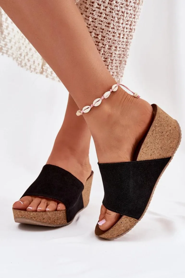 Zazoo 40311 Zamszowe Klapki Damskie Na Korkowym Koturnie Czarne