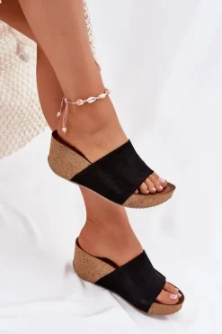 Zazoo 40311 Zamszowe Klapki Damskie Na Korkowym Koturnie Czarne