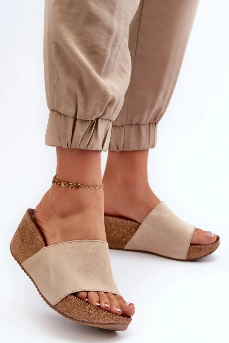 Zazoo 40311 Zamszowe Klapki Damskie Na Korkowym Koturnie Beżowe