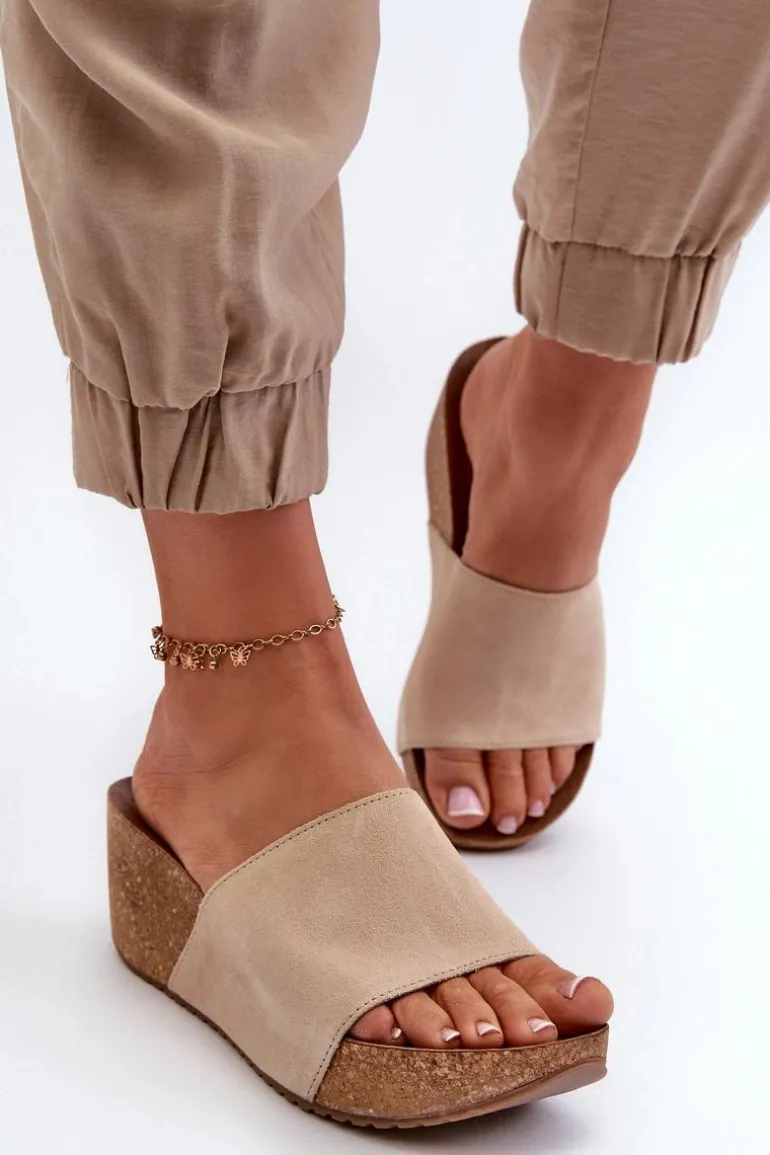 Zazoo 40311 Zamszowe Klapki Damskie Na Korkowym Koturnie Beżowe