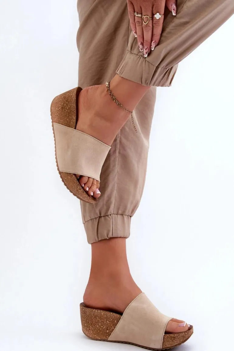 Zazoo 40311 Zamszowe Klapki Damskie Na Korkowym Koturnie Beżowe