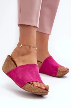Zazoo 40311 Zamszowe Klapki Damskie Na Korkowym Koturnie Fuksja