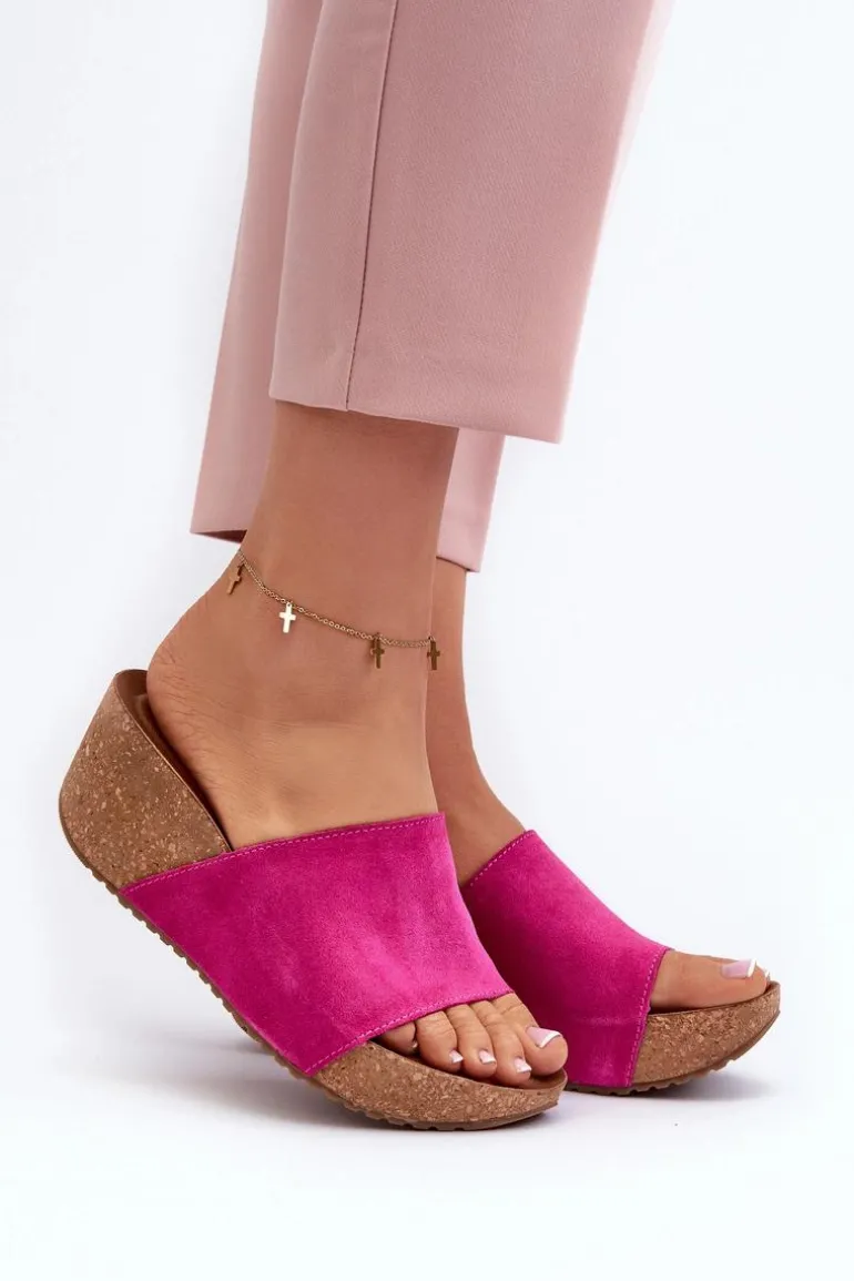 Zazoo 40311 Zamszowe Klapki Damskie Na Korkowym Koturnie Fuksja