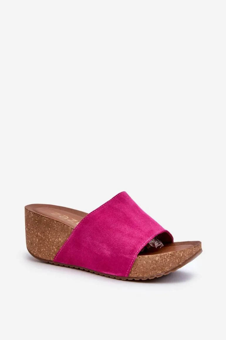 Zazoo 40311 Zamszowe Klapki Damskie Na Korkowym Koturnie Fuksja