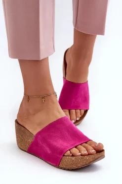 Zazoo 40311 Zamszowe Klapki Damskie Na Korkowym Koturnie Fuksja
