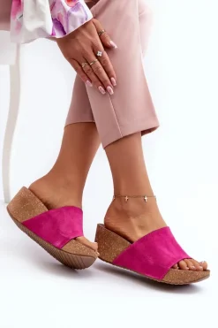Zazoo 40311 Zamszowe Klapki Damskie Na Korkowym Koturnie Fuksja