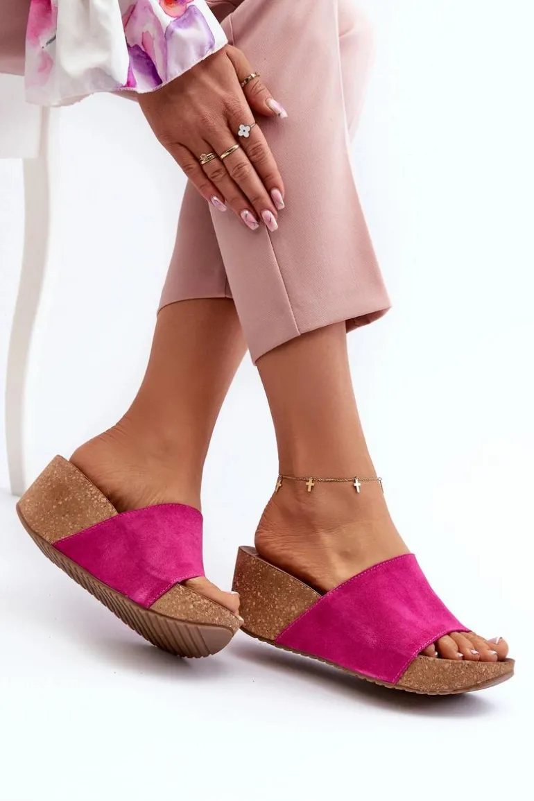 Zazoo 40311 Zamszowe Klapki Damskie Na Korkowym Koturnie Fuksja