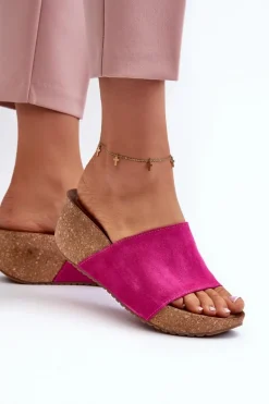 Zazoo 40311 Zamszowe Klapki Damskie Na Korkowym Koturnie Fuksja