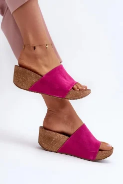 Zazoo 40311 Zamszowe Klapki Damskie Na Korkowym Koturnie Fuksja