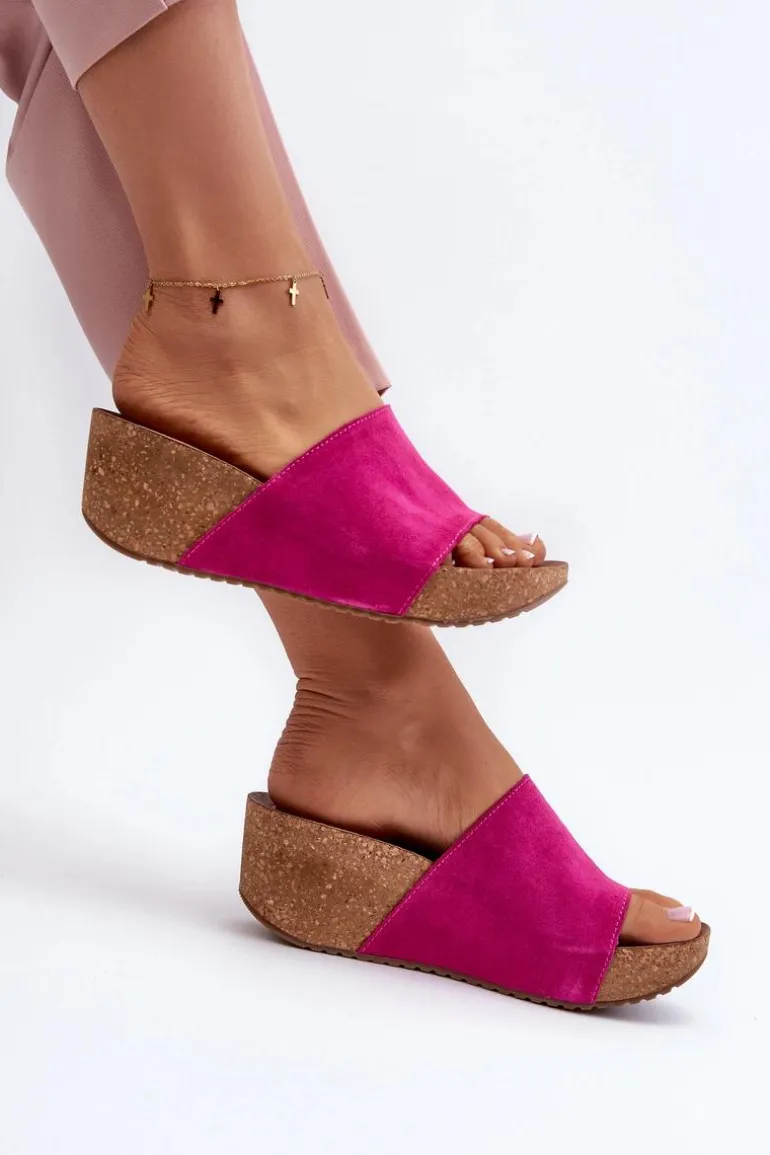 Zazoo 40311 Zamszowe Klapki Damskie Na Korkowym Koturnie Fuksja