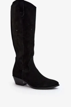 Zazoo 2909 Zamszowe Kozaki Ażurowe Na Niskim Obcasie Czarne