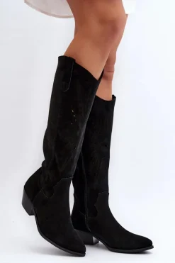 Zazoo 2909 Zamszowe Kozaki Ażurowe Na Niskim Obcasie Czarne