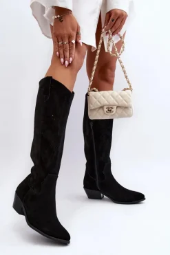 Zazoo 2909 Zamszowe Kozaki Ażurowe Na Niskim Obcasie Czarne