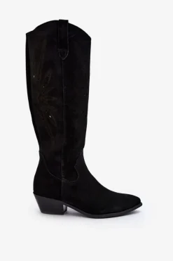 Zazoo 2909 Zamszowe Kozaki Ażurowe Na Niskim Obcasie Czarne