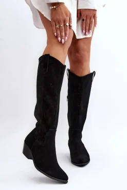 Zazoo 2909 Zamszowe Kozaki Ażurowe Na Niskim Obcasie Czarne