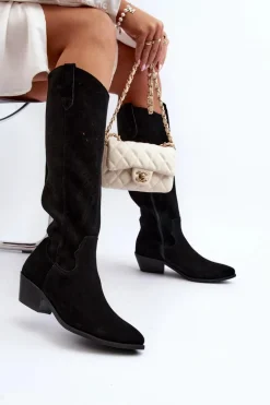 Zazoo 2909 Zamszowe Kozaki Ażurowe Na Niskim Obcasie Czarne