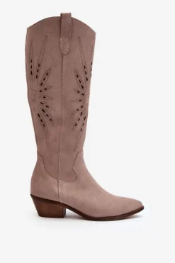 Zazoo 2909 Zamszowe Kozaki Ażurowe Na Niskim Obcasie Beżowe