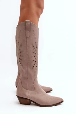 Zazoo 2909 Zamszowe Kozaki Ażurowe Na Niskim Obcasie Beżowe