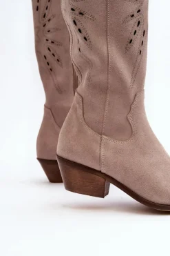 Zazoo 2909 Zamszowe Kozaki Ażurowe Na Niskim Obcasie Beżowe