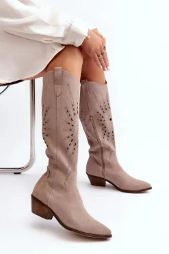 Zazoo 2909 Zamszowe Kozaki Ażurowe Na Niskim Obcasie Beżowe