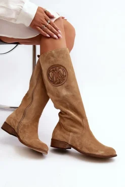 Zazoo 3367 Zamszowe Kozaki Damskie Przed Kolano Beżowe