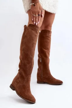 Zazoo 3407 Zamszowe Kozaki Do Kolana Na Płaskim Obcasie Camel