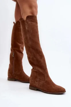 Zazoo 3407 Zamszowe Kozaki Do Kolana Na Płaskim Obcasie Camel