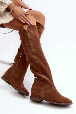 Zazoo 3407 Zamszowe Kozaki Do Kolana Na Płaskim Obcasie Camel