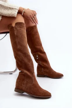 Zazoo 3407 Zamszowe Kozaki Do Kolana Na Płaskim Obcasie Camel