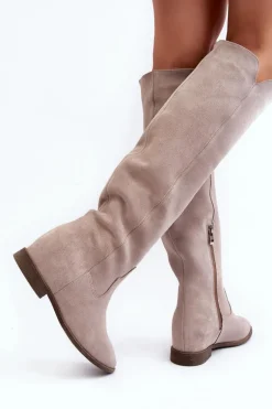 Zazoo 3407 Zamszowe Kozaki Do Kolana Na Płaskim Obcasie Cappuccino
