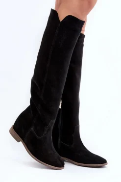 Zazoo 3407 Zamszowe Kozaki Do Kolana Na Płaskim Obcasie Czarne