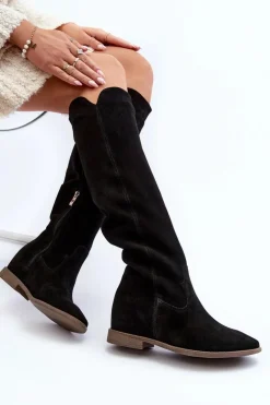 Zazoo 3407 Zamszowe Kozaki Do Kolana Na Płaskim Obcasie Czarne