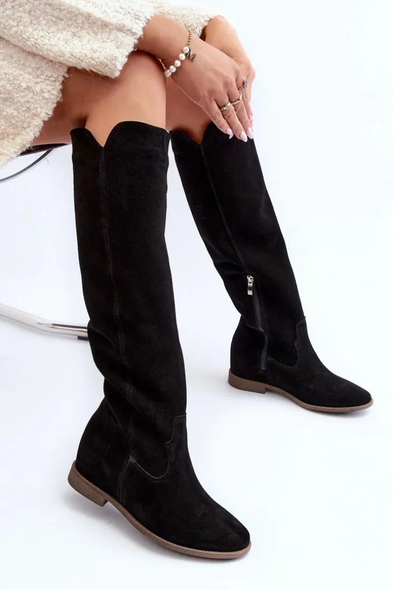 Zazoo 3407 Zamszowe Kozaki Do Kolana Na Płaskim Obcasie Czarne