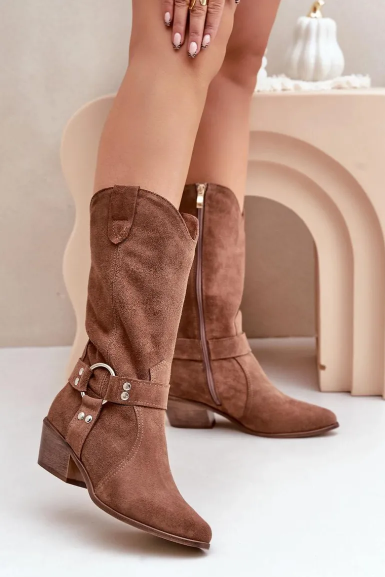 Zazoo 3669 Zamszowe Kozaki Kowbojki Damskie Do Połowy Łydki Brązowe
