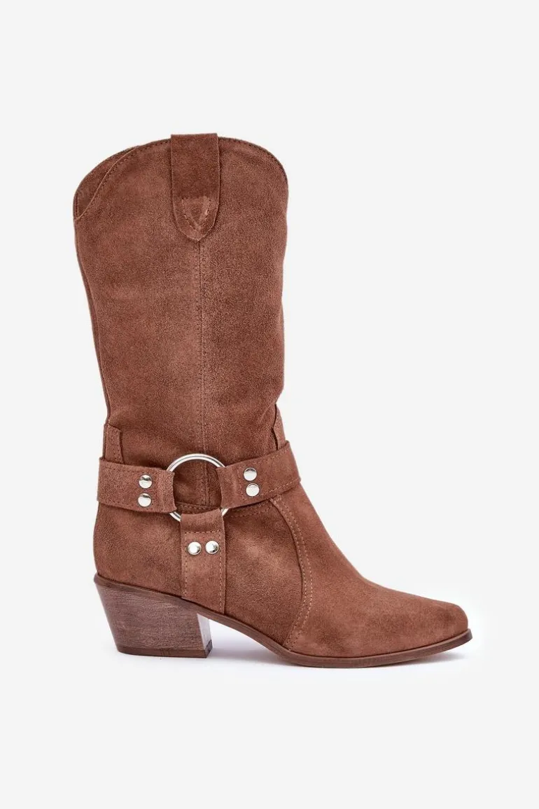 Zazoo 3669 Zamszowe Kozaki Kowbojki Damskie Do Połowy Łydki Brązowe