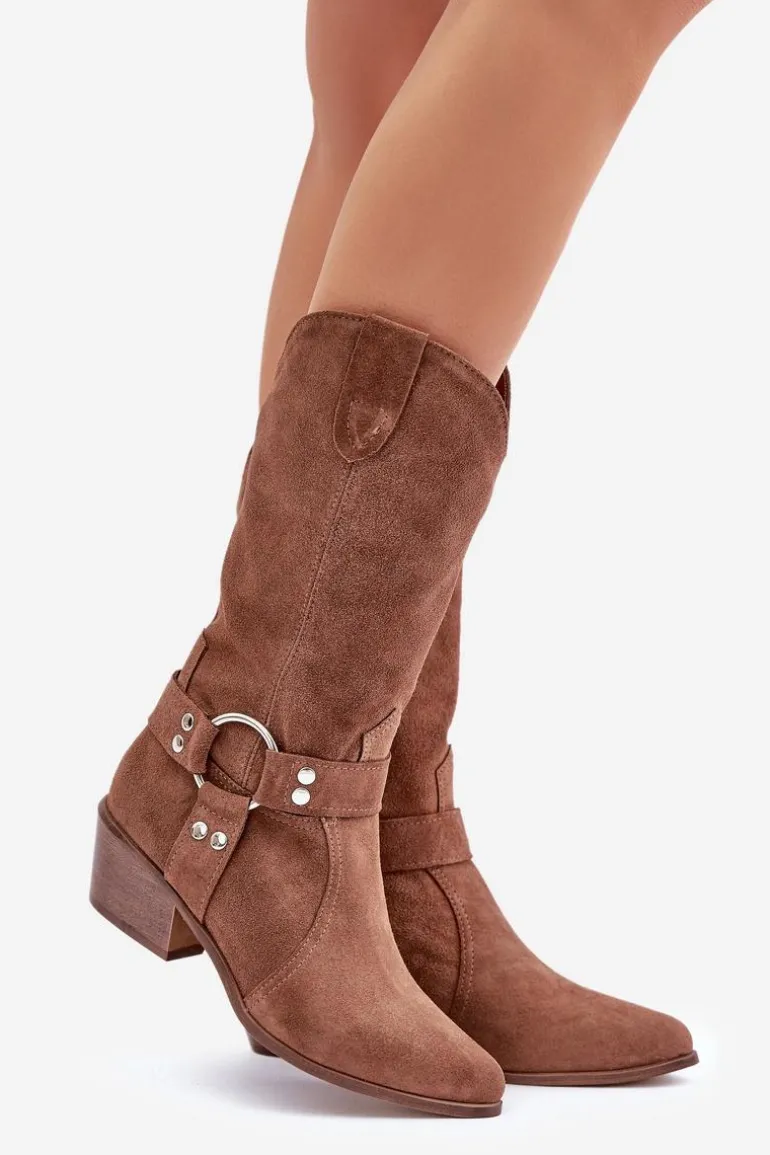 Zazoo 3669 Zamszowe Kozaki Kowbojki Damskie Do Połowy Łydki Brązowe