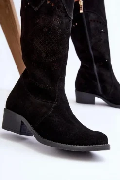 Zazoo 4043 Zamszowe Kozaki Na Niskim Obcasie Ażurowe Czarne