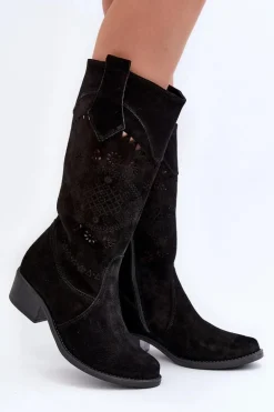 Zazoo 4043 Zamszowe Kozaki Na Niskim Obcasie Ażurowe Czarne