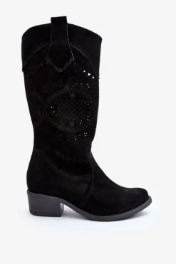Zazoo 4043 Zamszowe Kozaki Na Niskim Obcasie Ażurowe Czarne