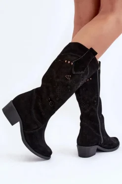 Zazoo 4043 Zamszowe Kozaki Na Niskim Obcasie Ażurowe Czarne