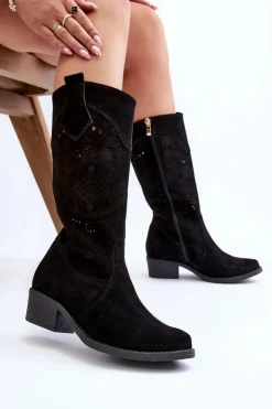 Zazoo 4043 Zamszowe Kozaki Na Niskim Obcasie Ażurowe Czarne