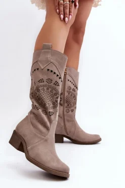 Zazoo 4043 Zamszowe Kozaki Na Niskim Obcasie Ażurowe Cappucino