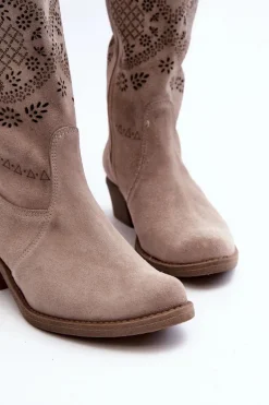Zazoo 4043 Zamszowe Kozaki Na Niskim Obcasie Ażurowe Cappucino