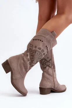 Zazoo 4043 Zamszowe Kozaki Na Niskim Obcasie Ażurowe Cappucino