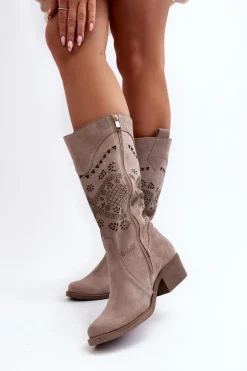 Zazoo 4043 Zamszowe Kozaki Na Niskim Obcasie Ażurowe Cappucino